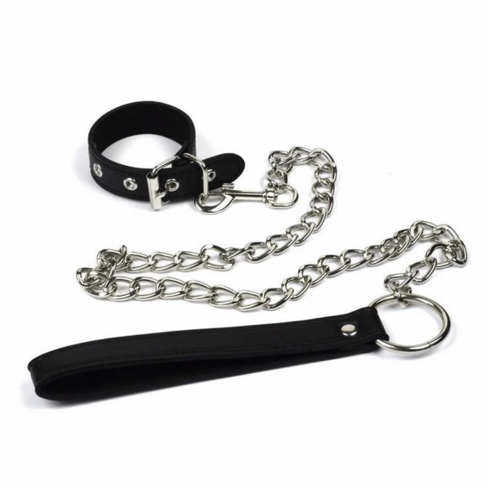 Bdsm Faux Leather Cock Collar And Metal Leash  |  Collar & Lead