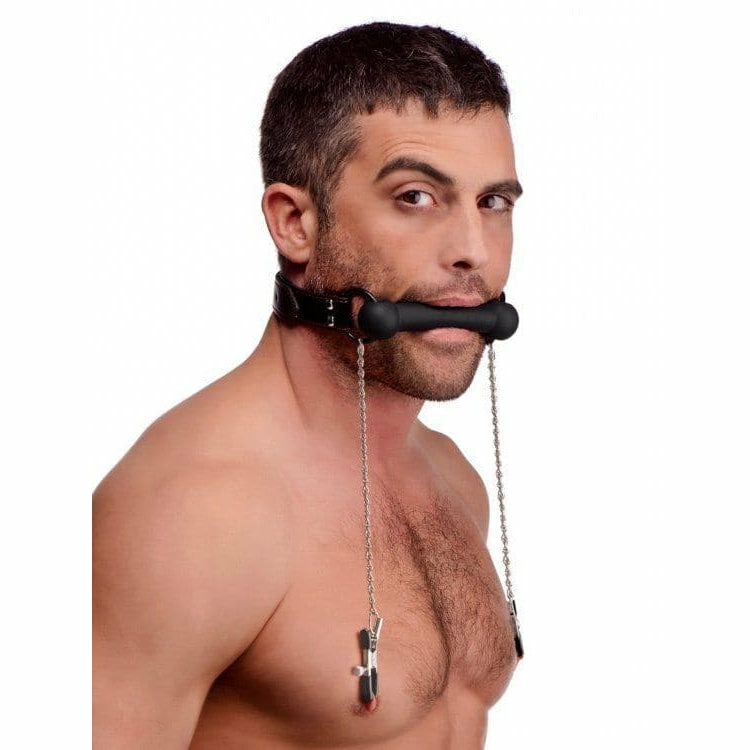 Black Silicone Gag With Nipple Clamps  |  Mouth Gags