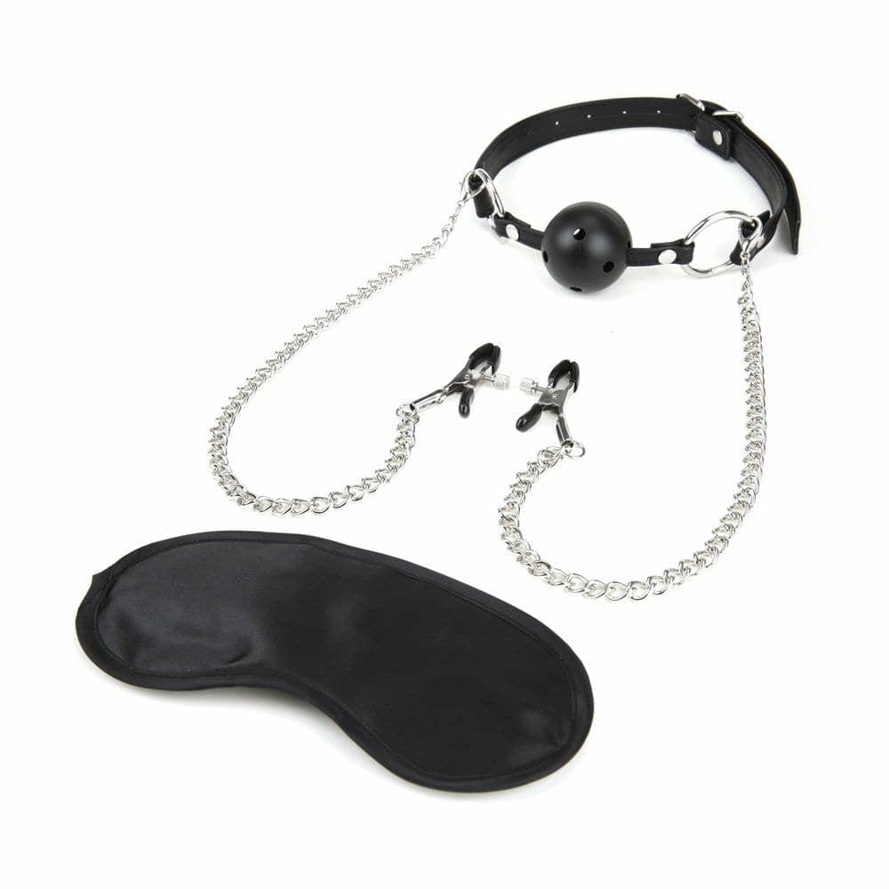 Breathable Ball Gag With Nipple Chain Black  |  Mouth Gags