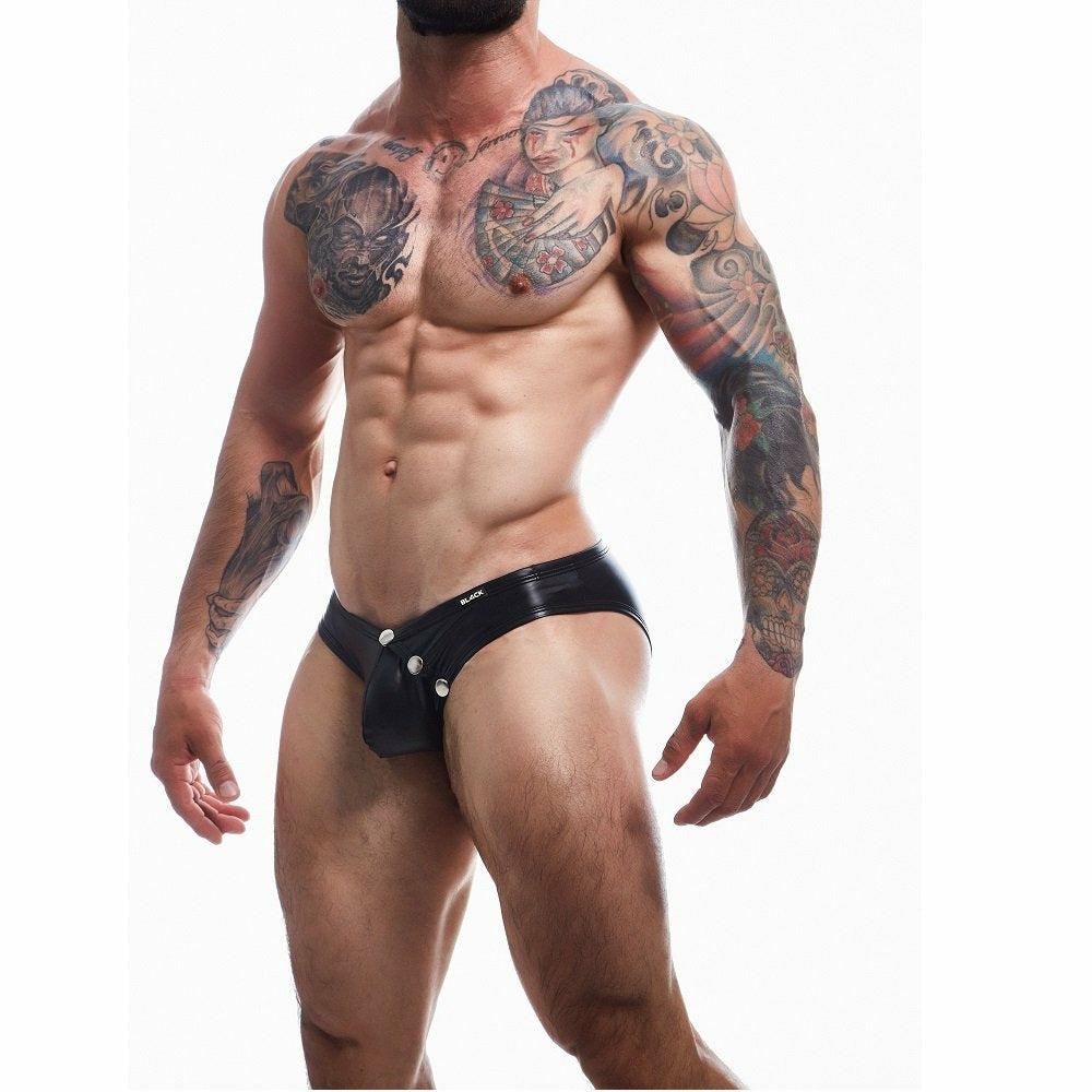 C4M Snap Ergonomic Brief Black Leatherette Medium  |  Sexy Menswear