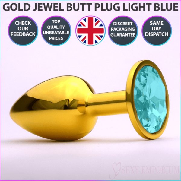 Chrome Gold Jewelled Butt Plug Light Blue  |  Anal Sex Toys