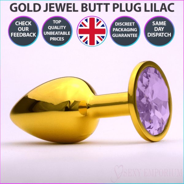 Chrome Gold Jewelled Butt Plug Lilac  |  Anal Sex Toys