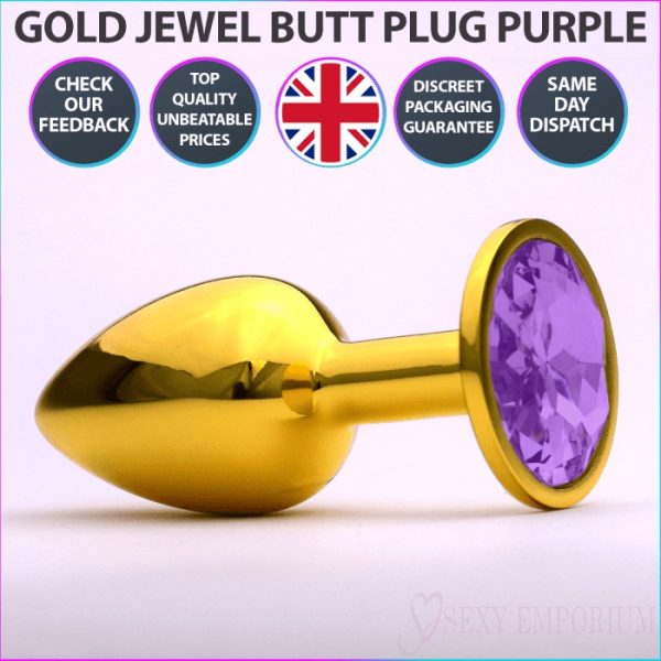 Chrome Gold Jewelled Butt Plug Purple  |  Anal Sex Toys