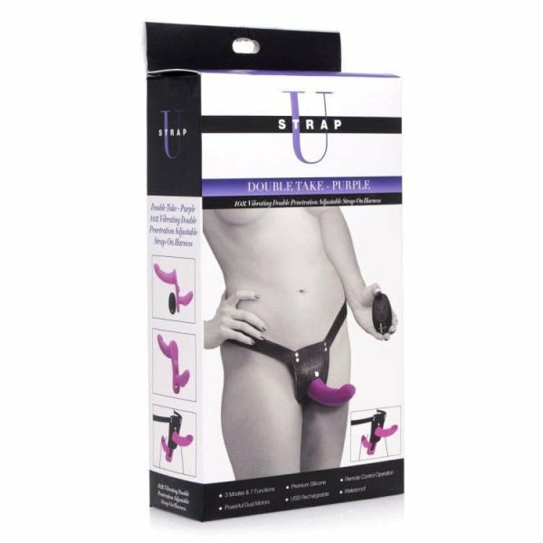 Double Take 10X Double Penetration Vibrating Strap-On Harness – Purple  |  Strap-Ons