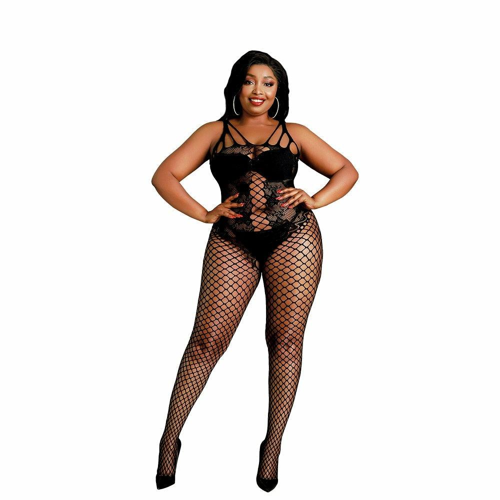 Lace And Fishnet Bodystocking Black Plus Size  |  Sexy Plus Size Lingerie