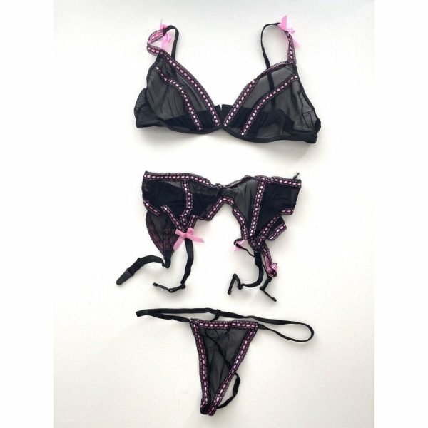 Leg Avenue 3 Piece Pink & Black Lingerie Set  |  Lingerie Sets